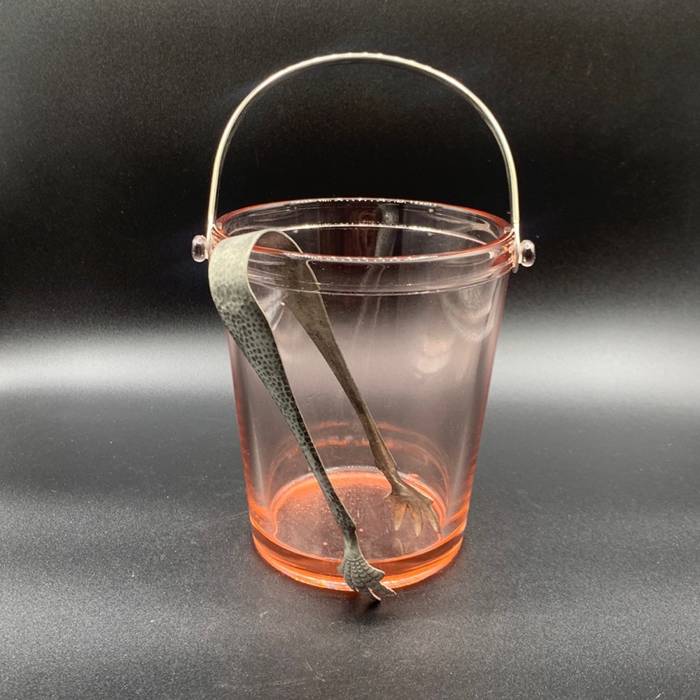 Vintage Pink Depression Glass Ice Bucket Metal Handle & Tongs